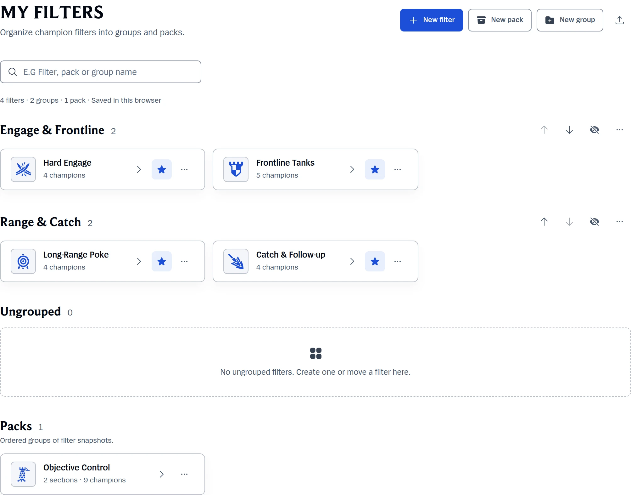 Custom draft filter library with champion filters arranged in named groups and a saved filter pack.