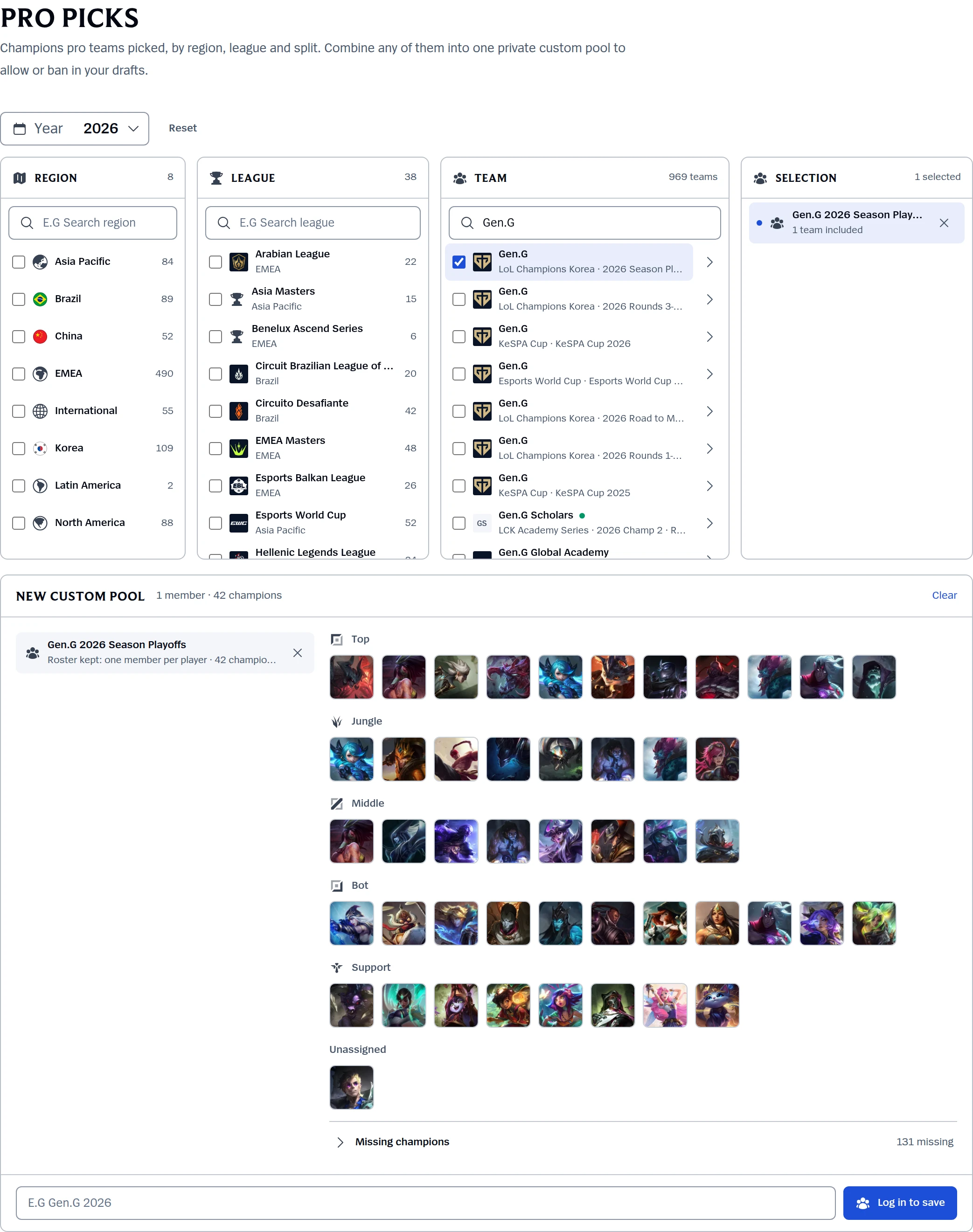 Pro picks browser with Gen.G’s 2026 Season Playoffs team selected and its 42 champions grouped by role in a new custom pool.