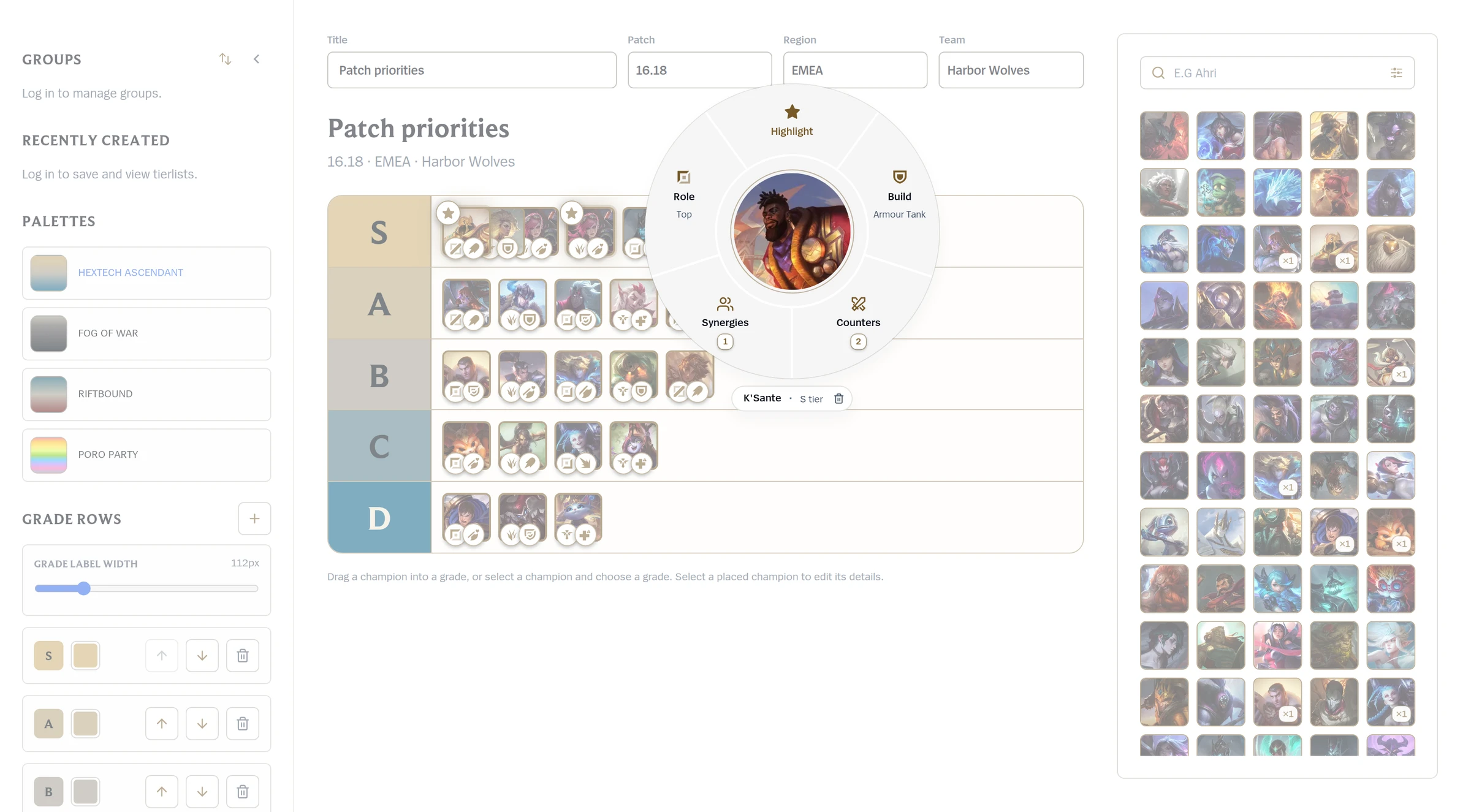 Patch priorities tier list with five graded rows of champions carrying role and build badges, K’Sante selected in the S tier with a menu for highlight, role, build, synergies, counters, and placement, beside a searchable champion catalog.